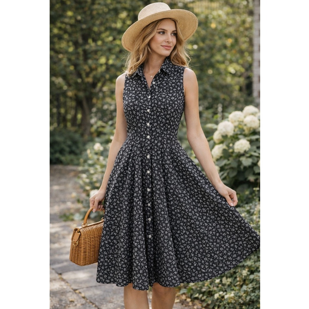 Vtg Papillon Shirt Dress Women M‎ Black Maxi Ditsy Floral Sleeveless Cottagecore